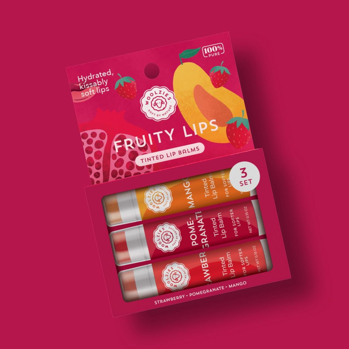 Woolzies, Lip Balm, Fruity Lips Tinted, Set of 3