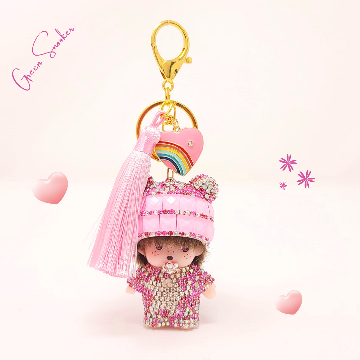 Keychain, Cute Monchichi Tassel with a Heart, bag pendant
