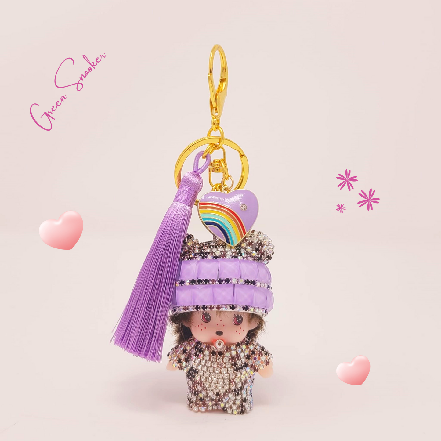 Keychain, Cute Monchichi Tassel with a Heart, bag pendant